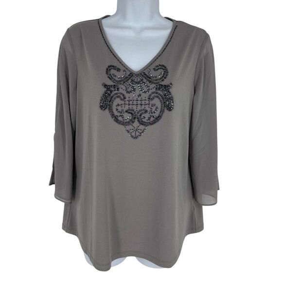 Susan Graver Artisan Womens S Gray Embellished V-Neck 3/4 Sleeve Chiffon Blouse - Picture 1 of 9